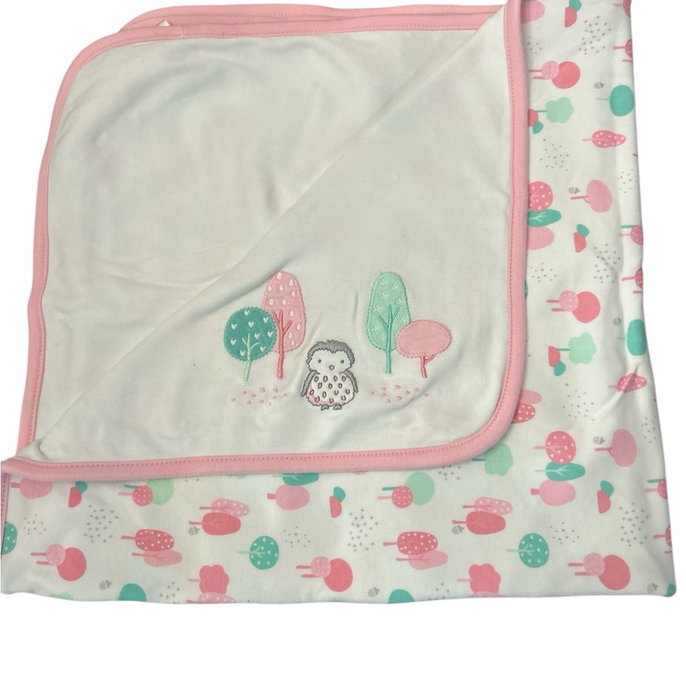 Gymboree Baby Girls Blanket 100% Cotton Owl Trees Pink Trim‎ 2016 Soft Lovey